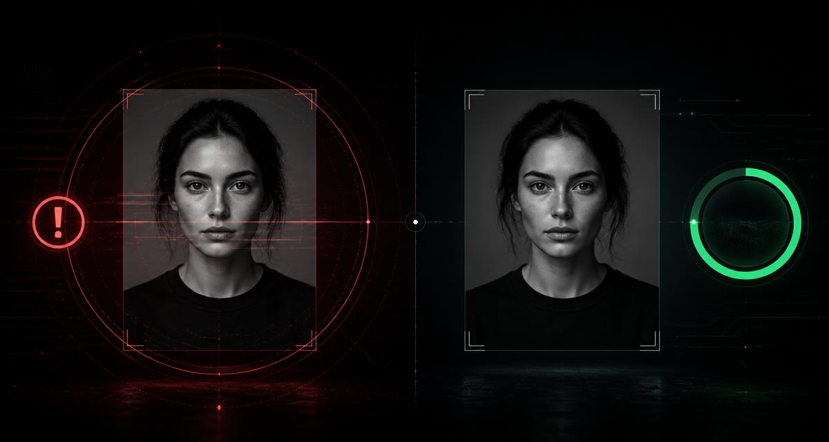 Two identical photographs side by side, one ringed with red warning scans and one clean with a green score gauge