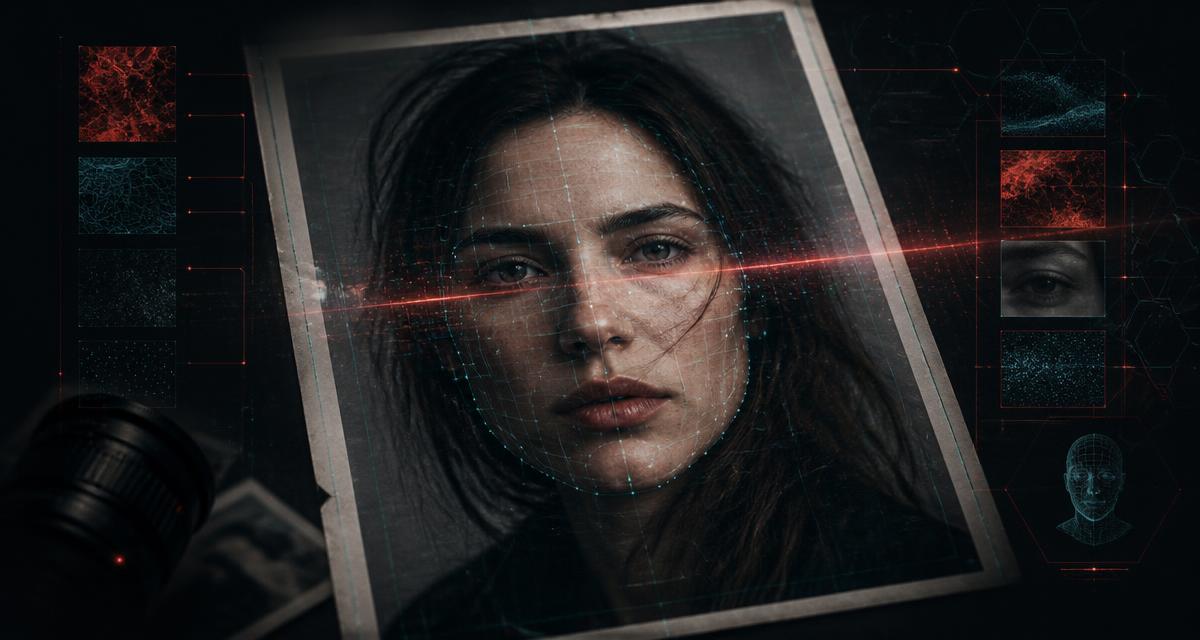 A photograph being scanned by a forensic analysis grid with metadata fields floating around it