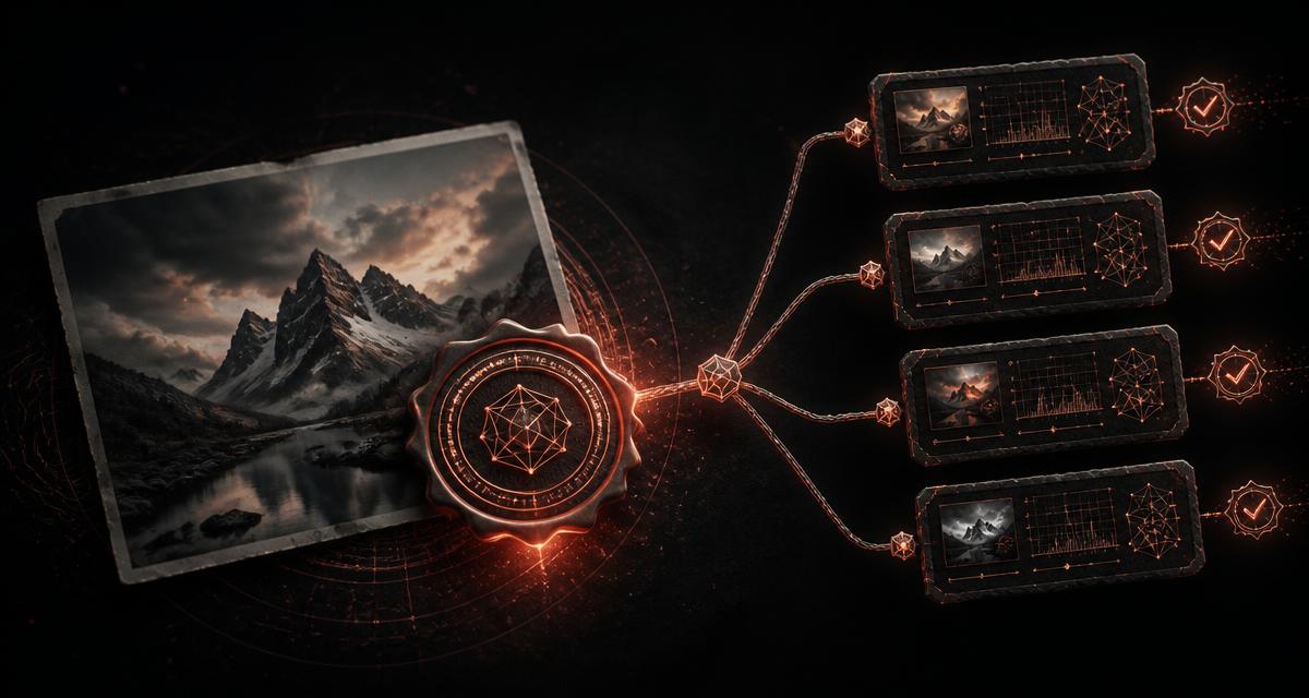 A photograph attached to a glowing cryptographic seal and a branching chain of signed edit records