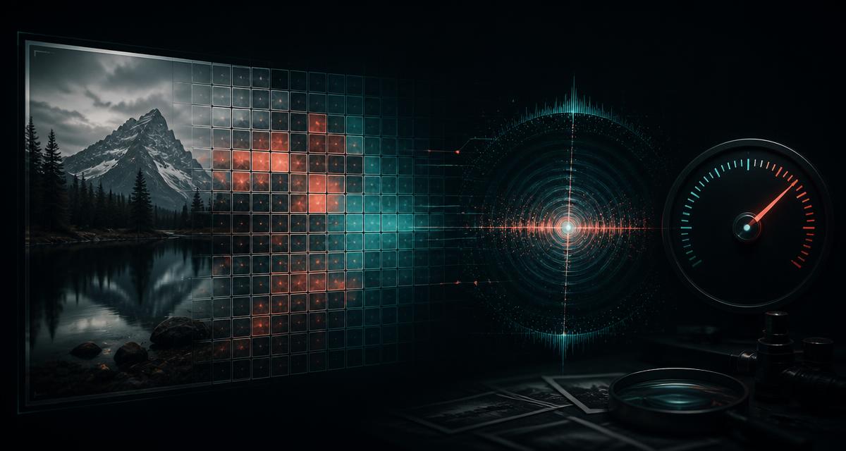 An image being decomposed into probability heatmap tiles and a frequency spectrum next to a confidence gauge